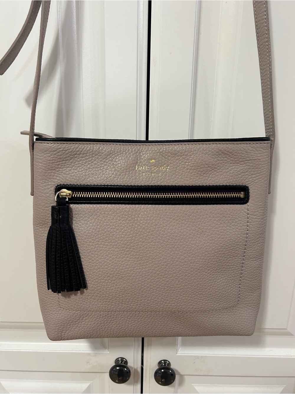 kate spade Taupe Crossbody with Black Tassel and Gold Zip